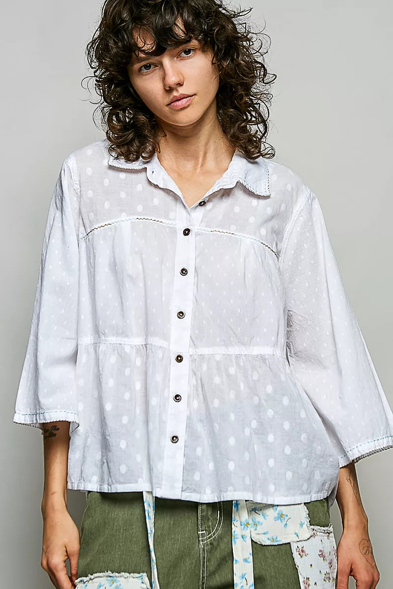 POL Tonal Dot Weave Textured Button Front Shirt