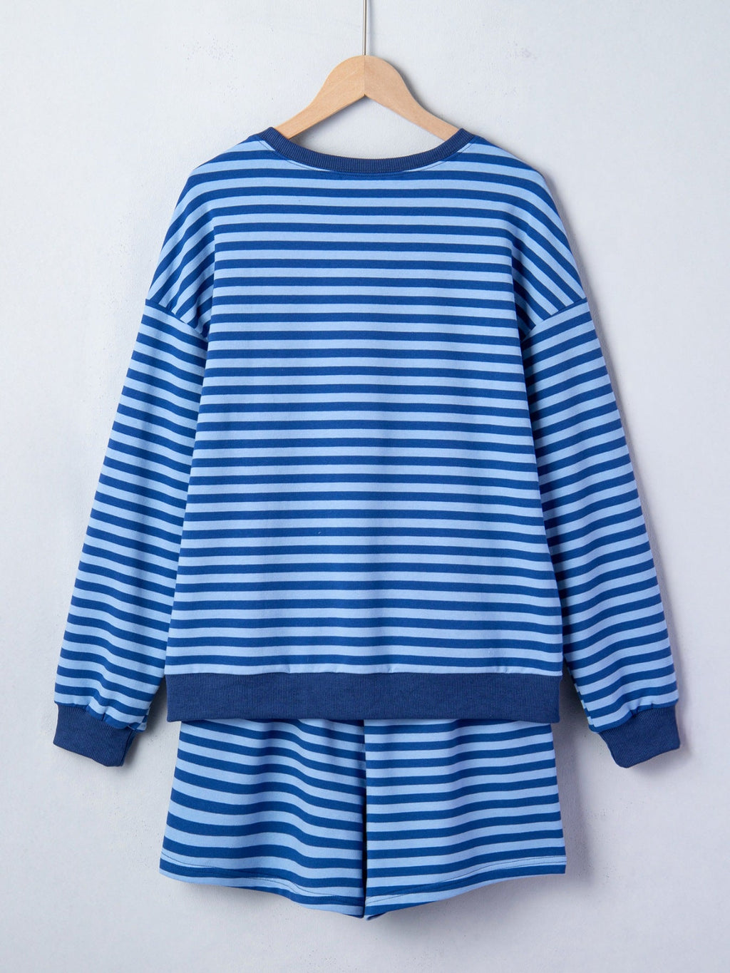 Stripe Drop Shoulder Long Sleeve Pullover Elastic Waist Casual Short Set