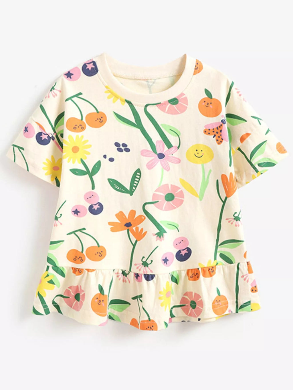 Children's Floral & Fruit Print Ruffled Hem T-Shirt