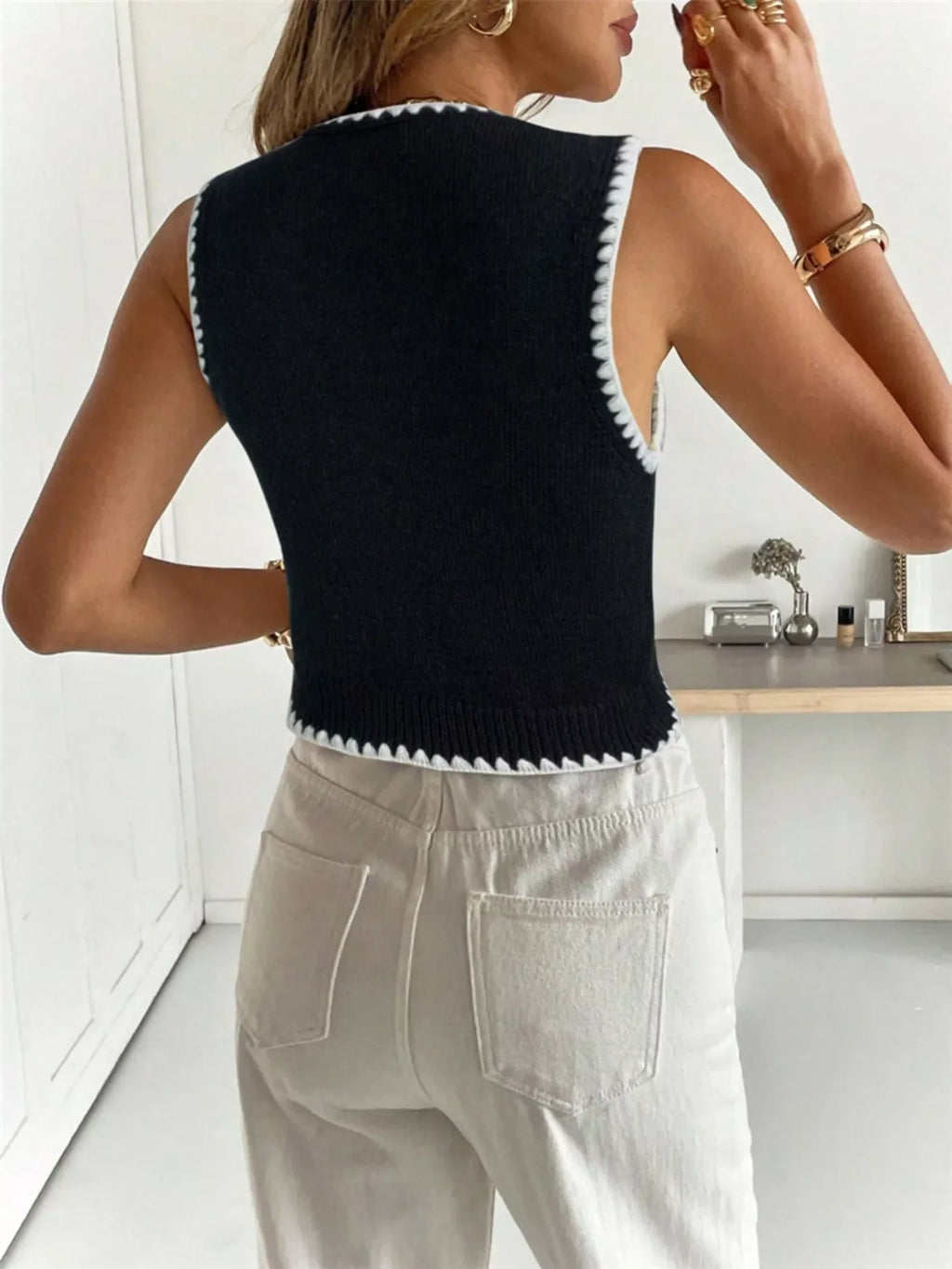 Contrast Trim Button Up Sweater Vest