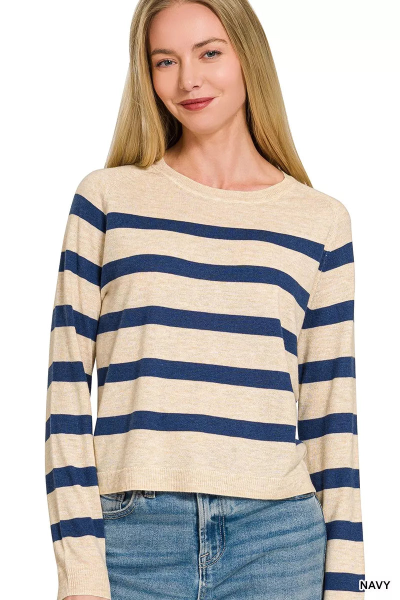 Zenana Lightweight Wool Blend Striped Round Neck Sweater