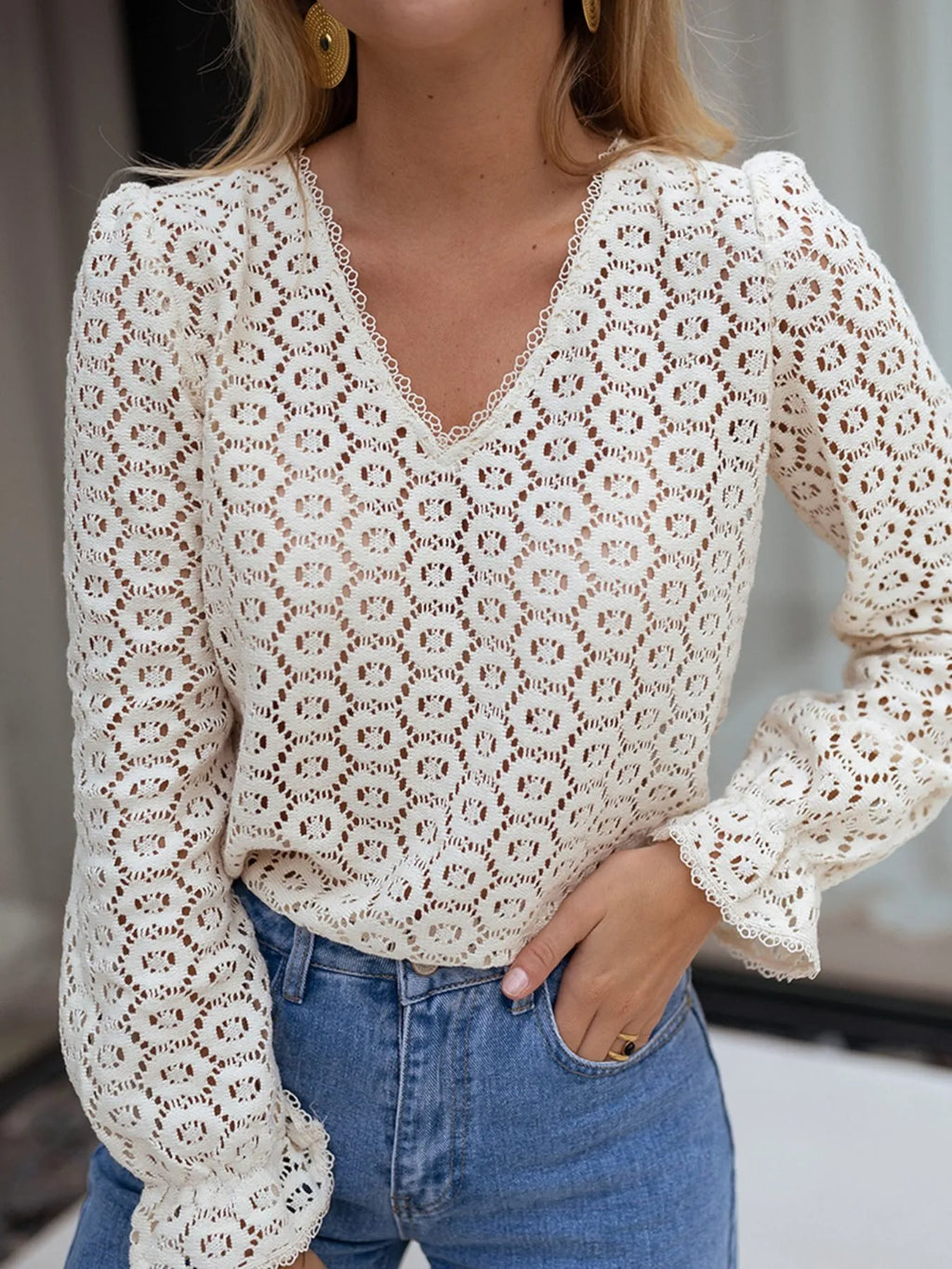 Crochet Lace V-Neck Long Sleeve Blouse