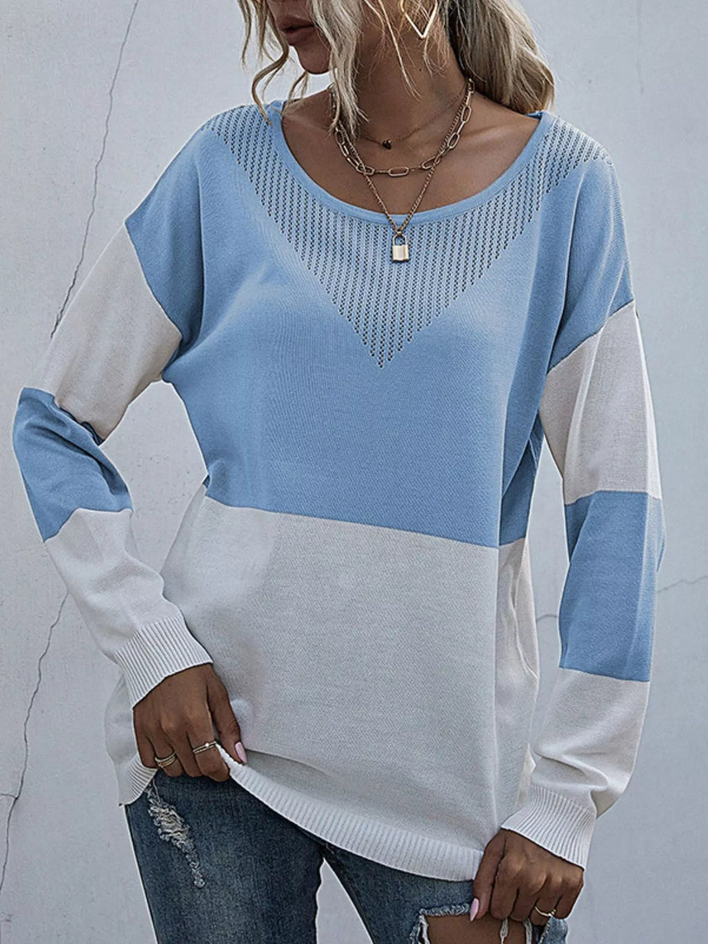 Color Block Round Neck Sweater