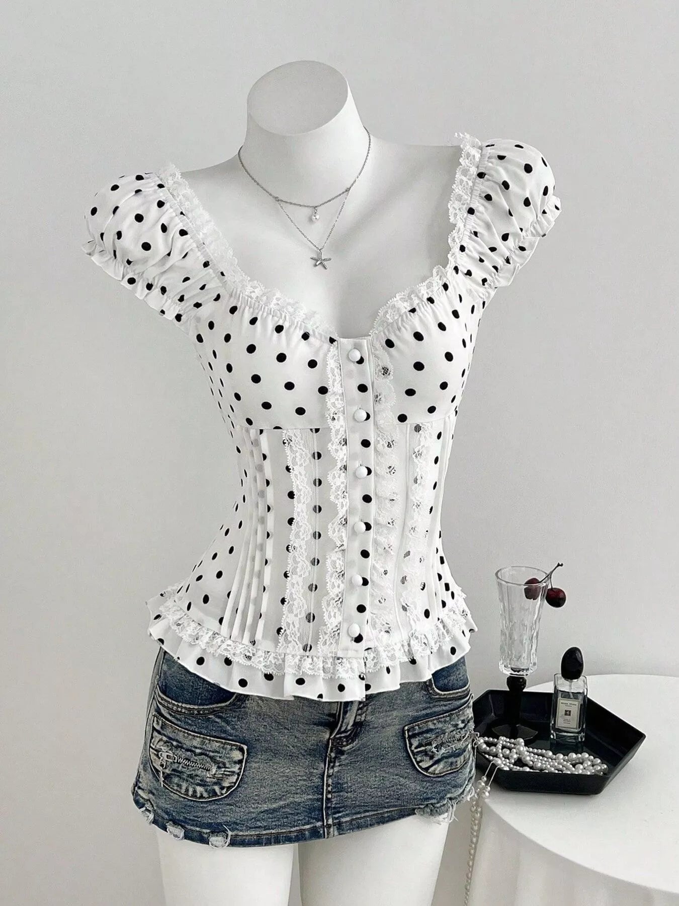 Polka Dot Lace Trim Cap Sleeve Blouse