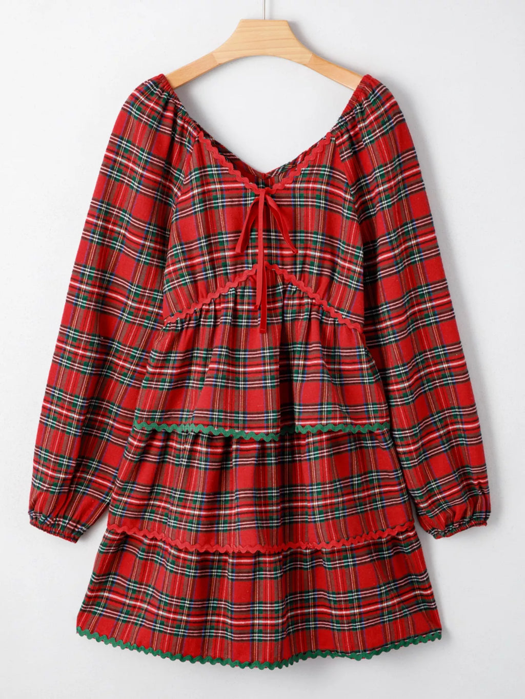 Plaid Print Ricrac Tiered Bubble Sleeve Mini Dress
