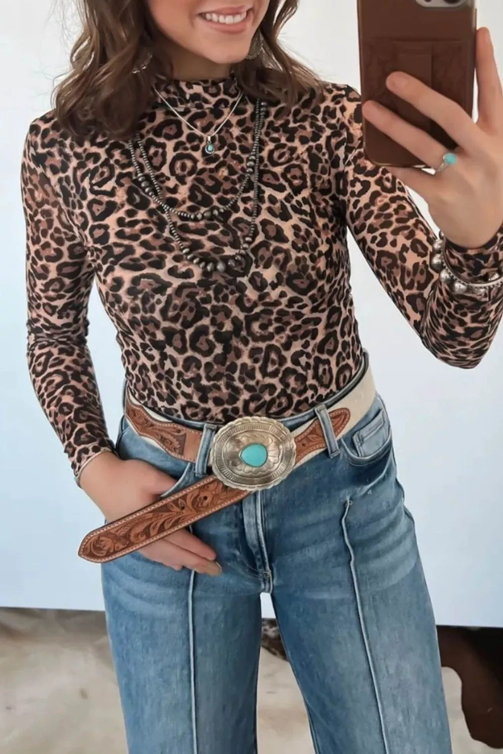 Leopard High Neck Long Sleeve Western Slim Top