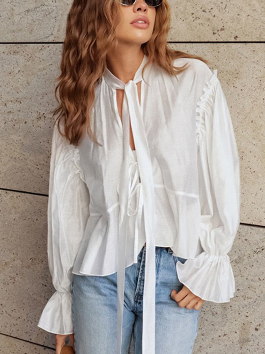 Tie Neck Flounce Sleeve Blouse