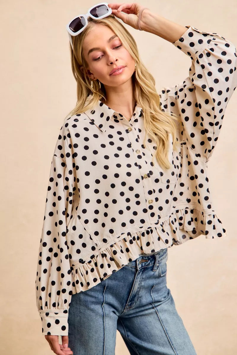 BiBi Crinkle Polka Dot Ruffled Hem Button Up Shirt Top