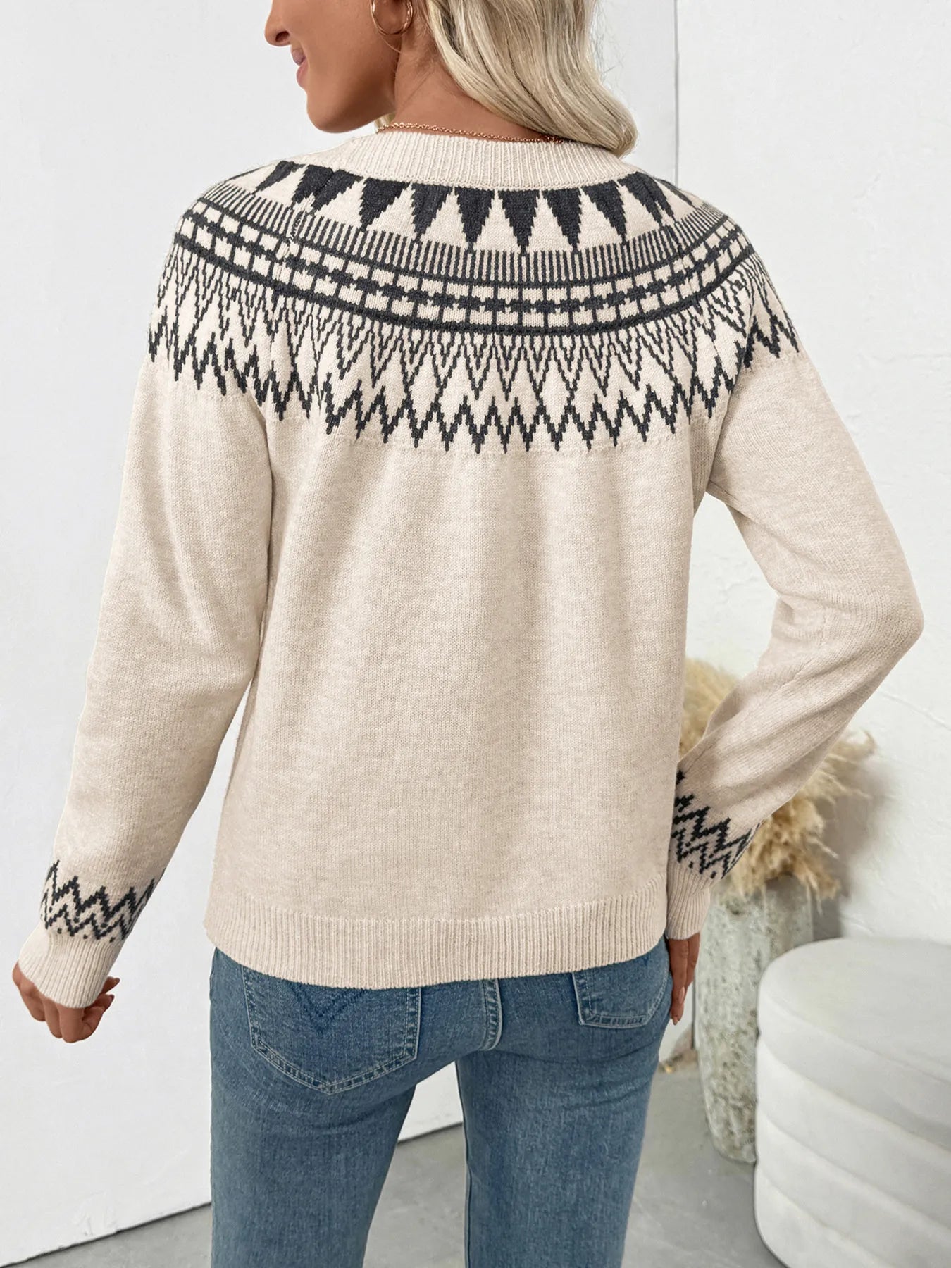 Nordic Fair Isle Pattern Round Neck Sweater