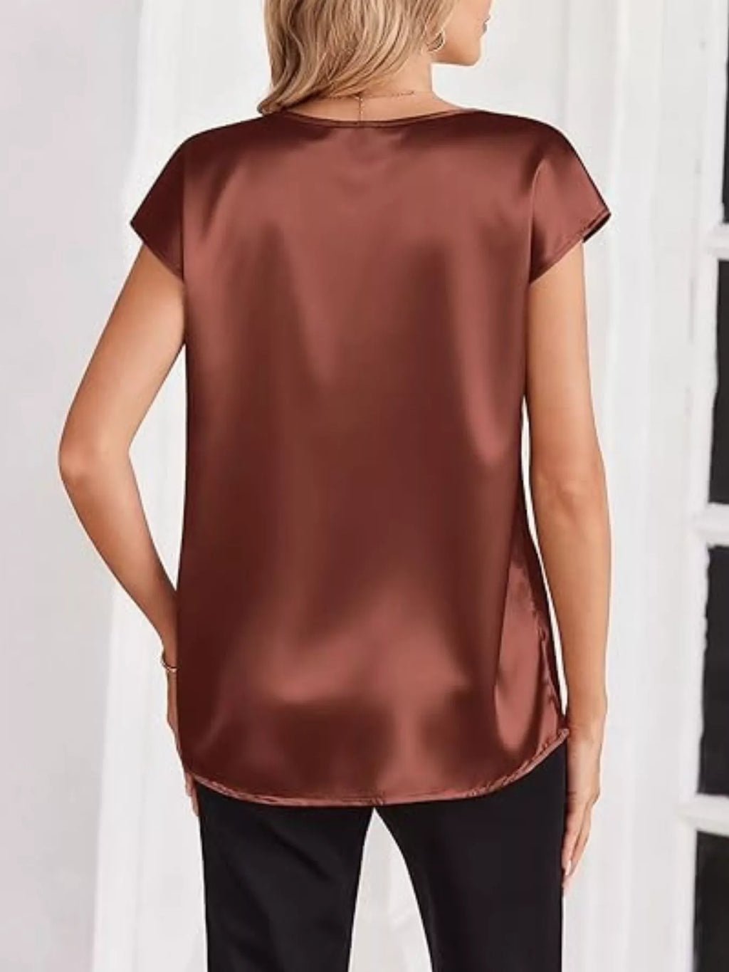 Satin V-Neck Short Sleeve Blouse