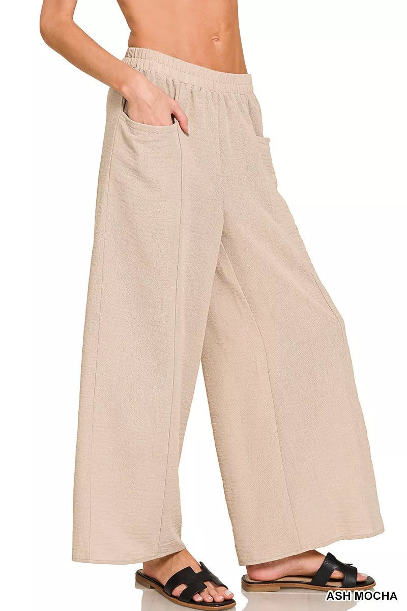 Zenana Woven Airflow Elastic Waistband Pants
