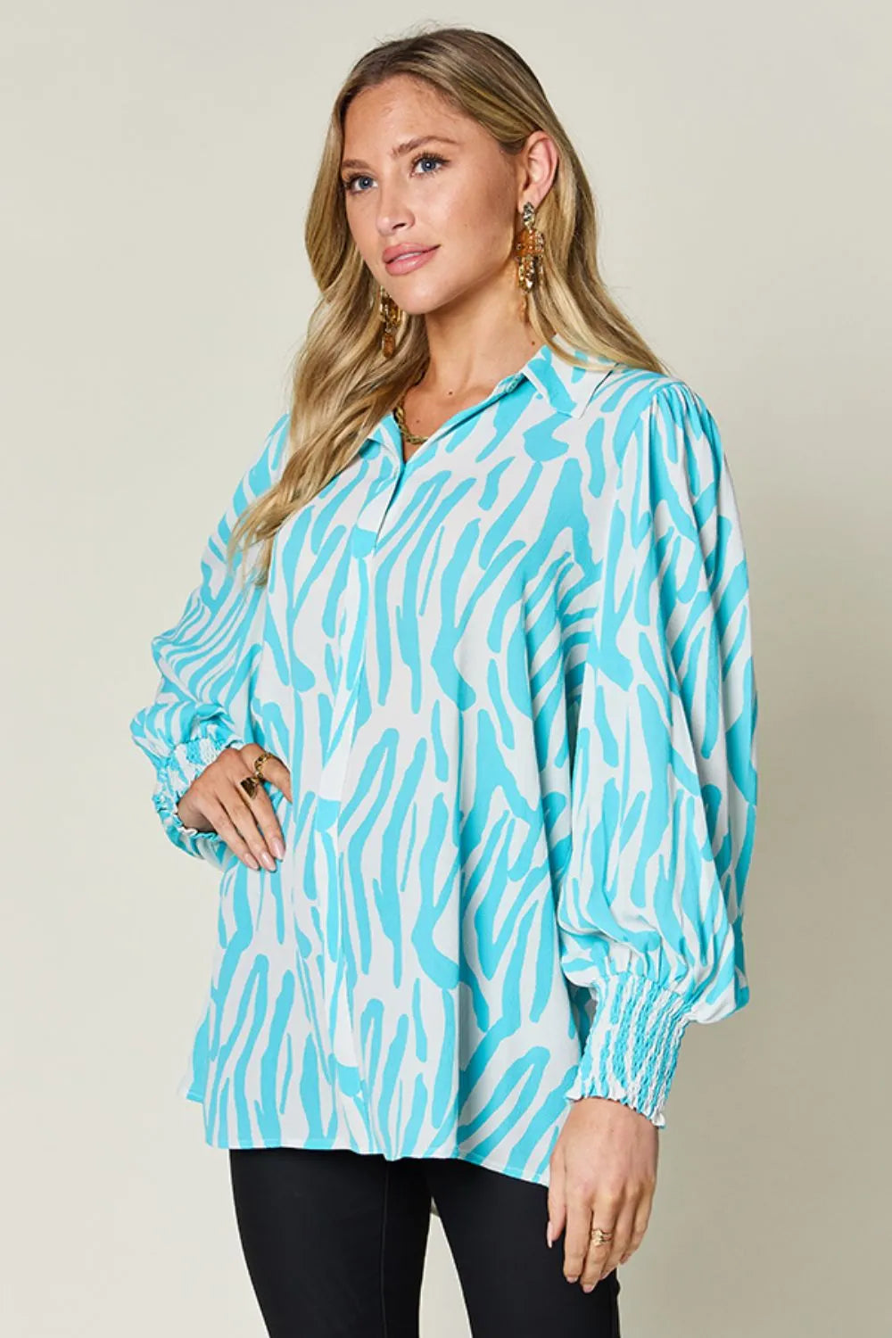 Double Take Full Size Printed Smocked Long Sleeve Blouse Plus Size