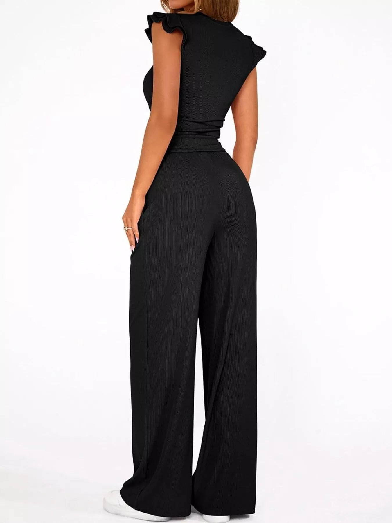 Ruffled Mock Neck Top and Wide Leg Pants Set