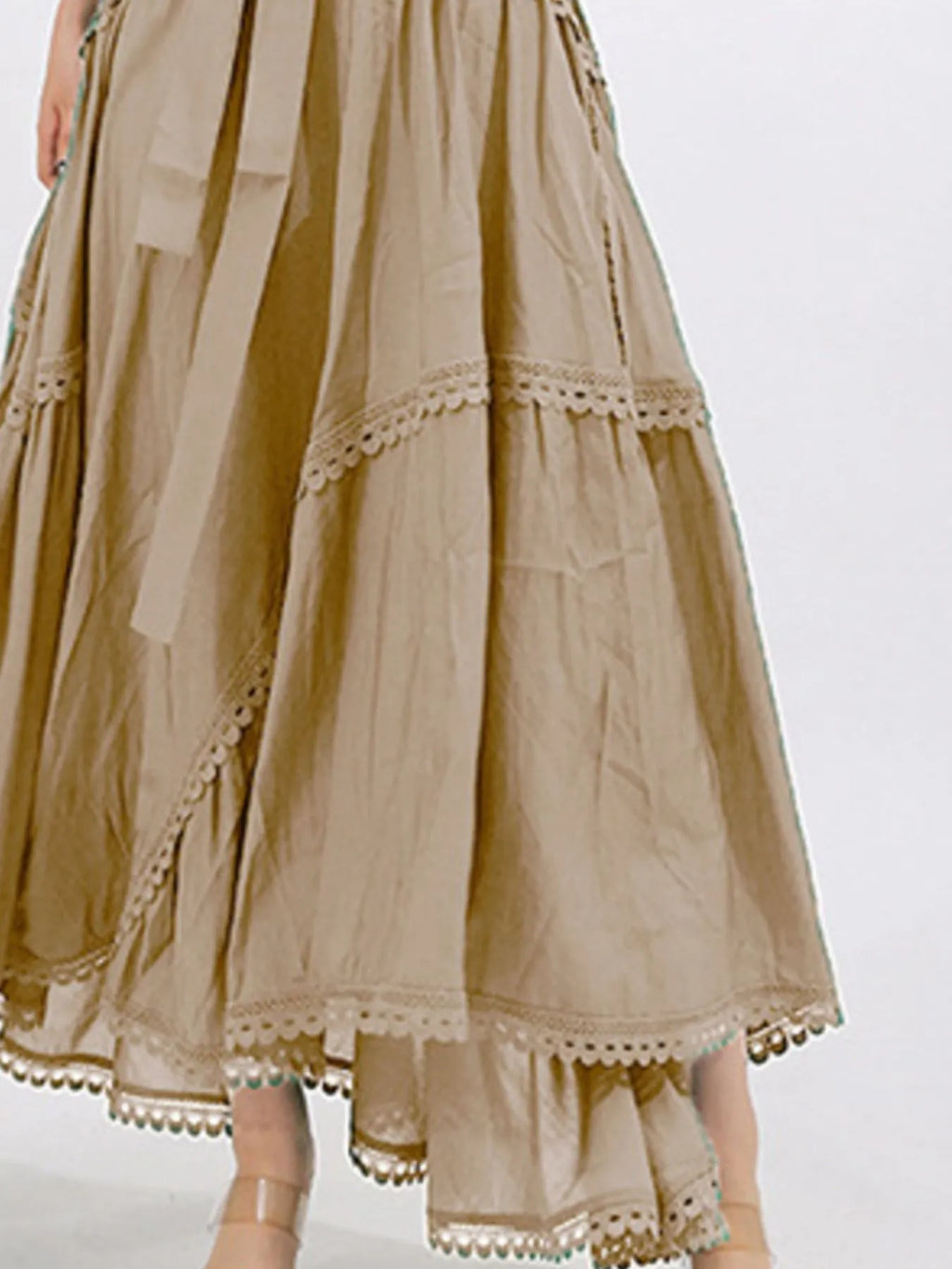 Lace Detail Notched Puff Sleeve Maxi Dress