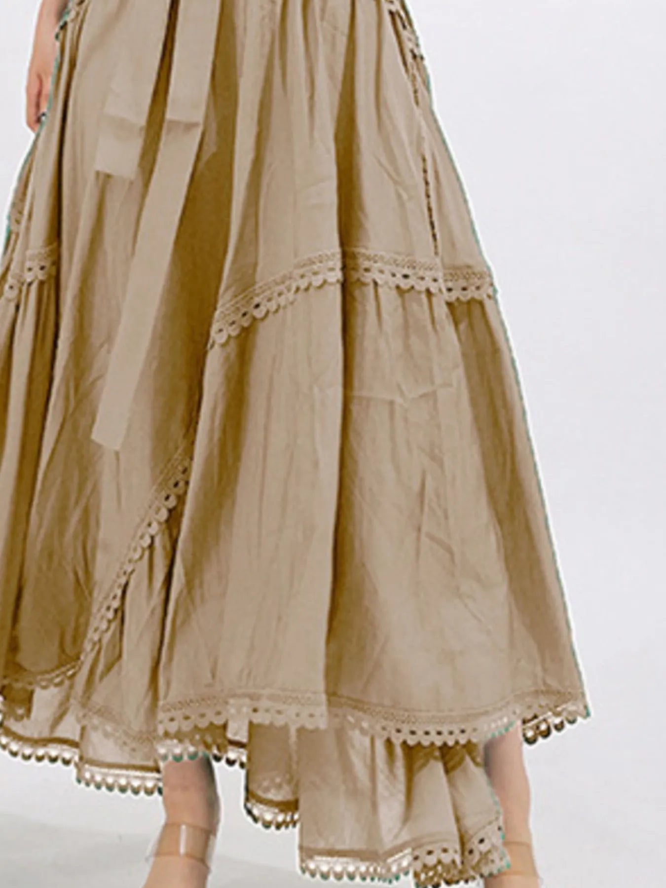 Lace Detail Notched Puff Sleeve Maxi Dress