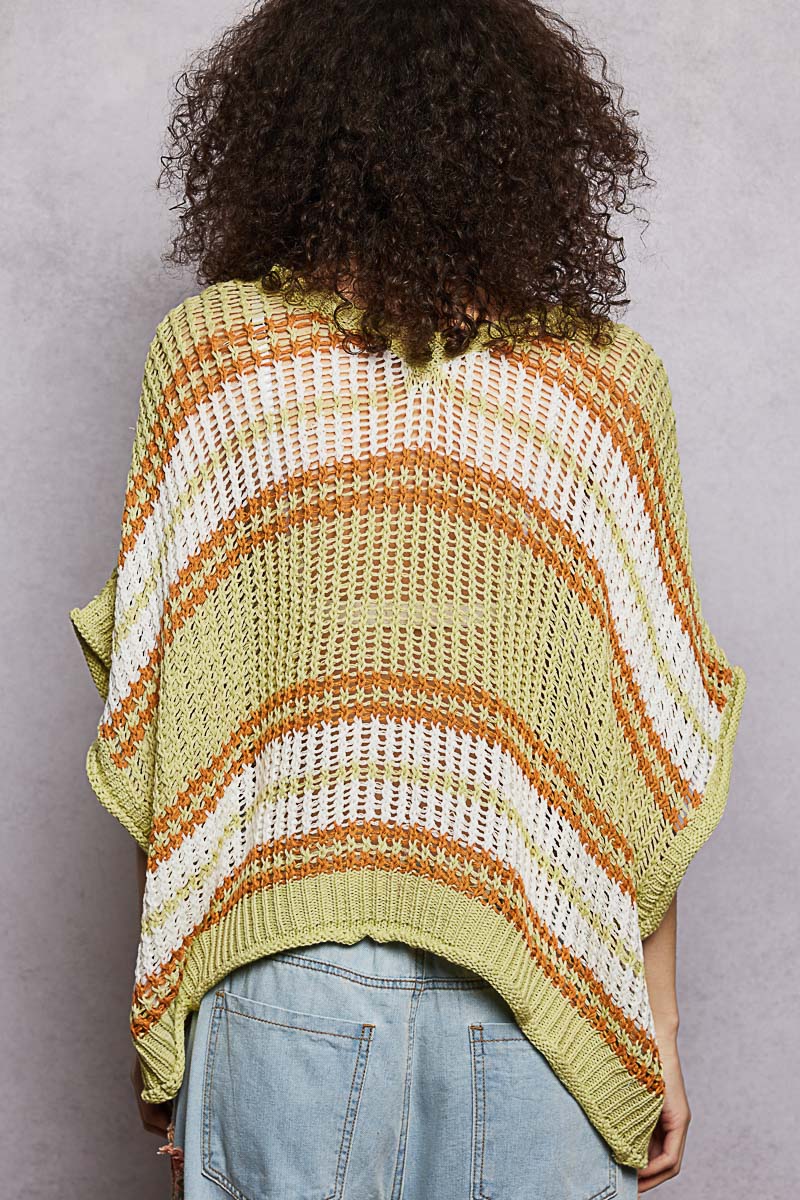 POL Openwork Lightweight Striped V-Neck Knit Top