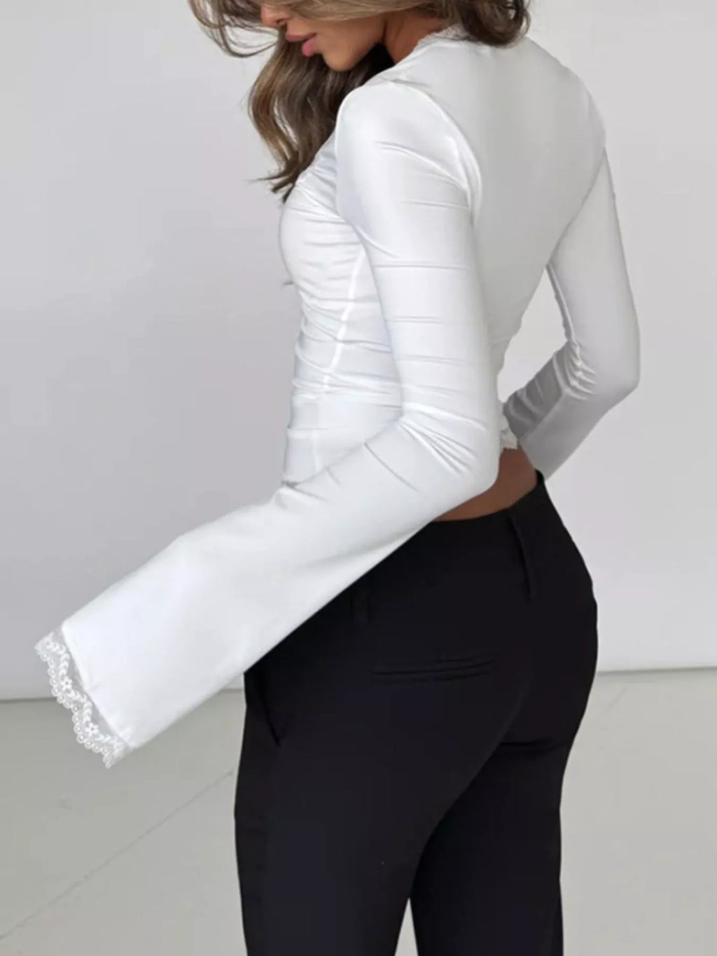 Lace Trim Square Neck Long Sleeve Top