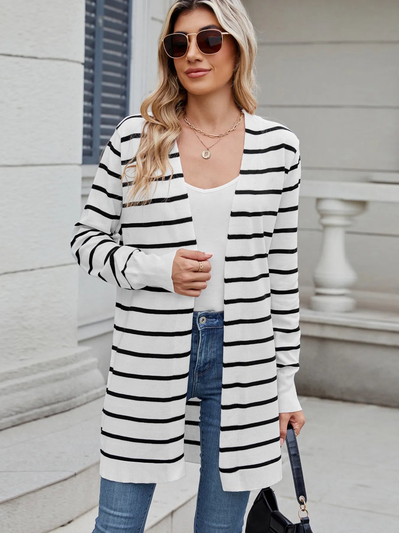 Striped Open Front Cardigan with Relaxed Fit