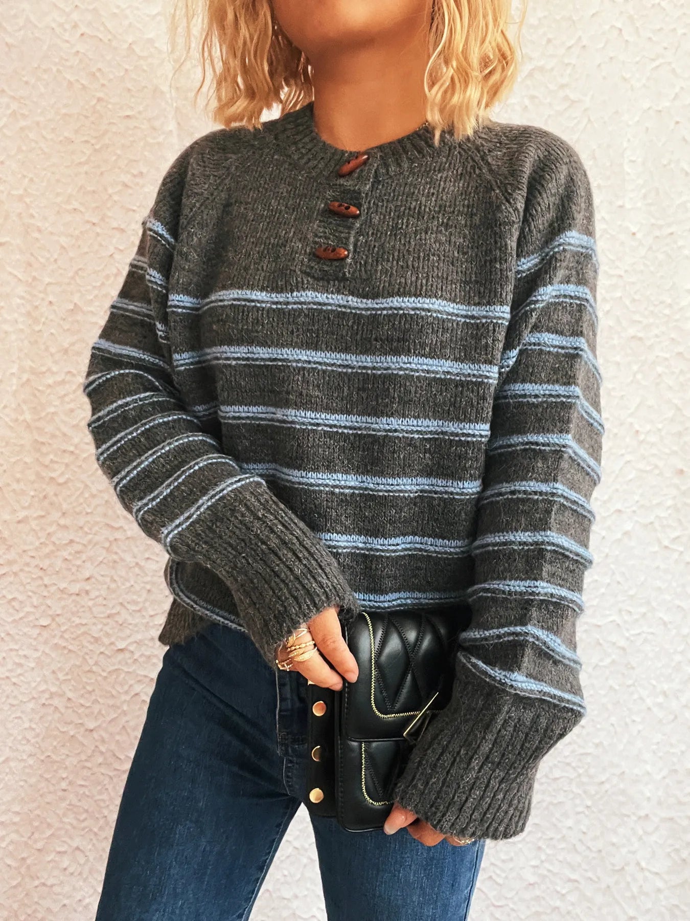 Striped Button Detail Long Sleeve Sweater