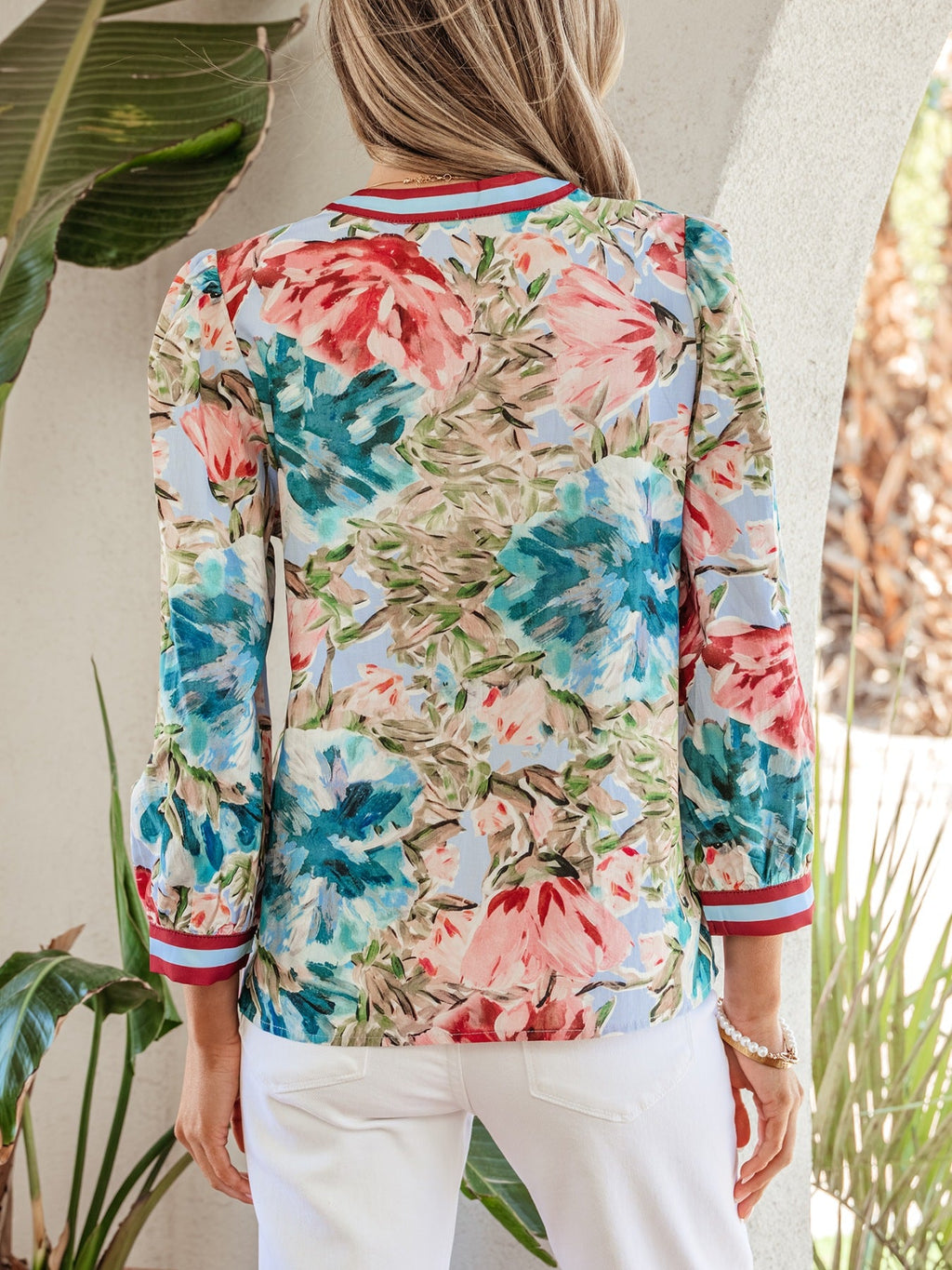 Contrast Trim V Neck Cuffed Bracelet Sleeve Floral Blouse