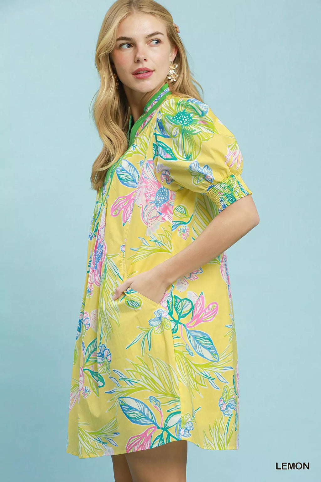Umgee Botanical Print Dress with Smocked Cuffs