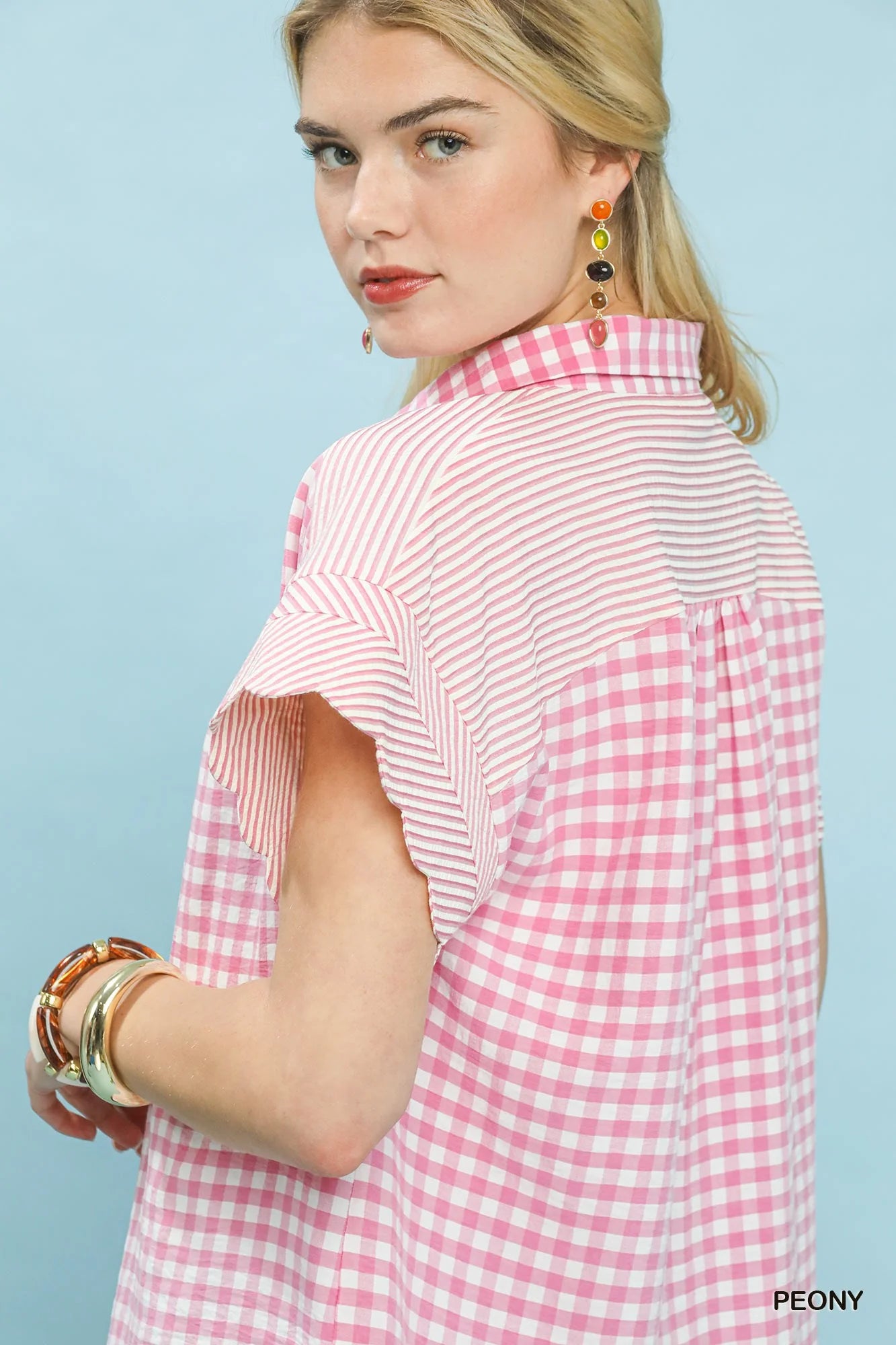 Umgee Mixed Gingham Short Sleeve Shirt