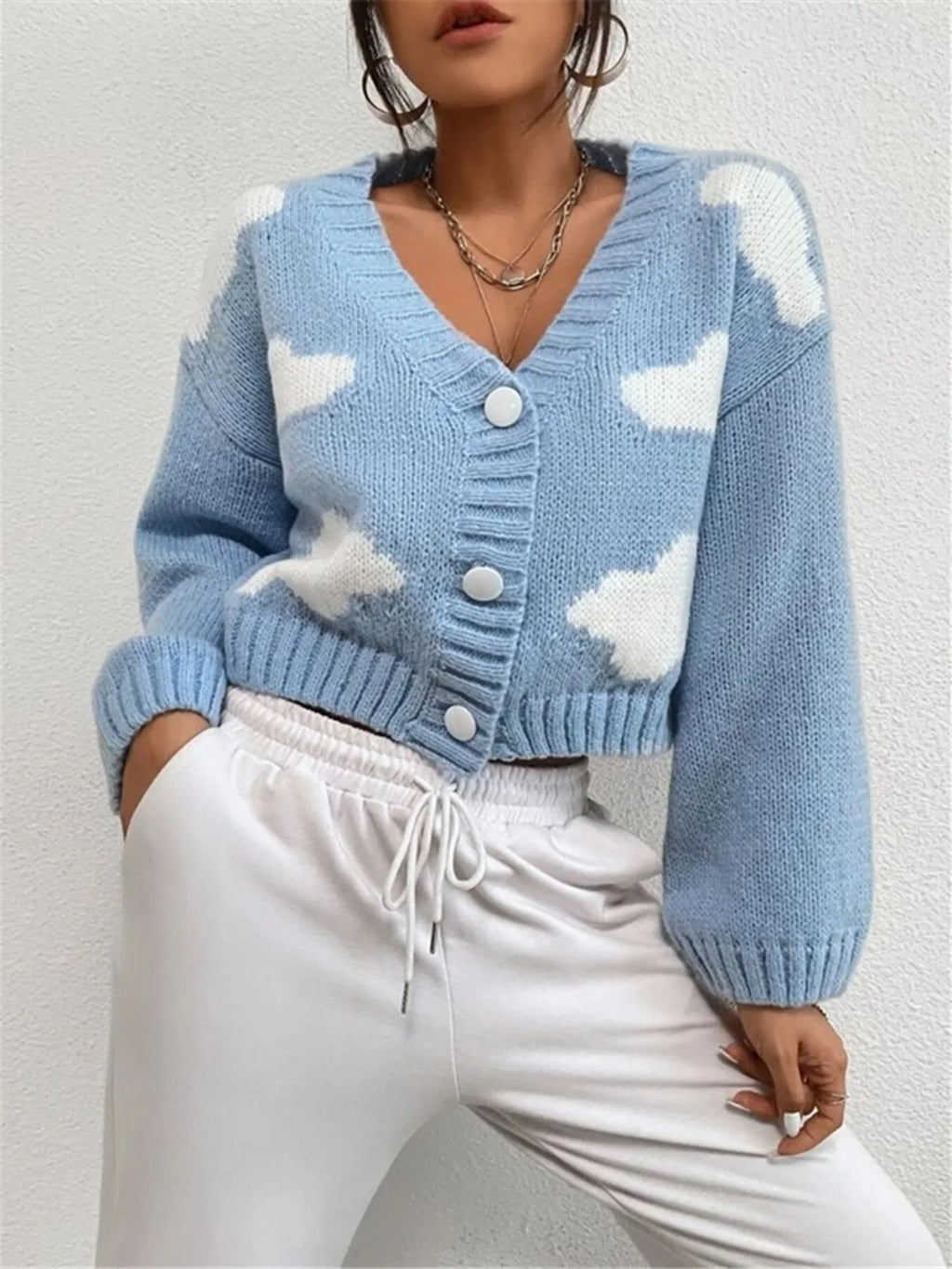 Contrast Cloud Pattern Cropped Button-Up Cardigan