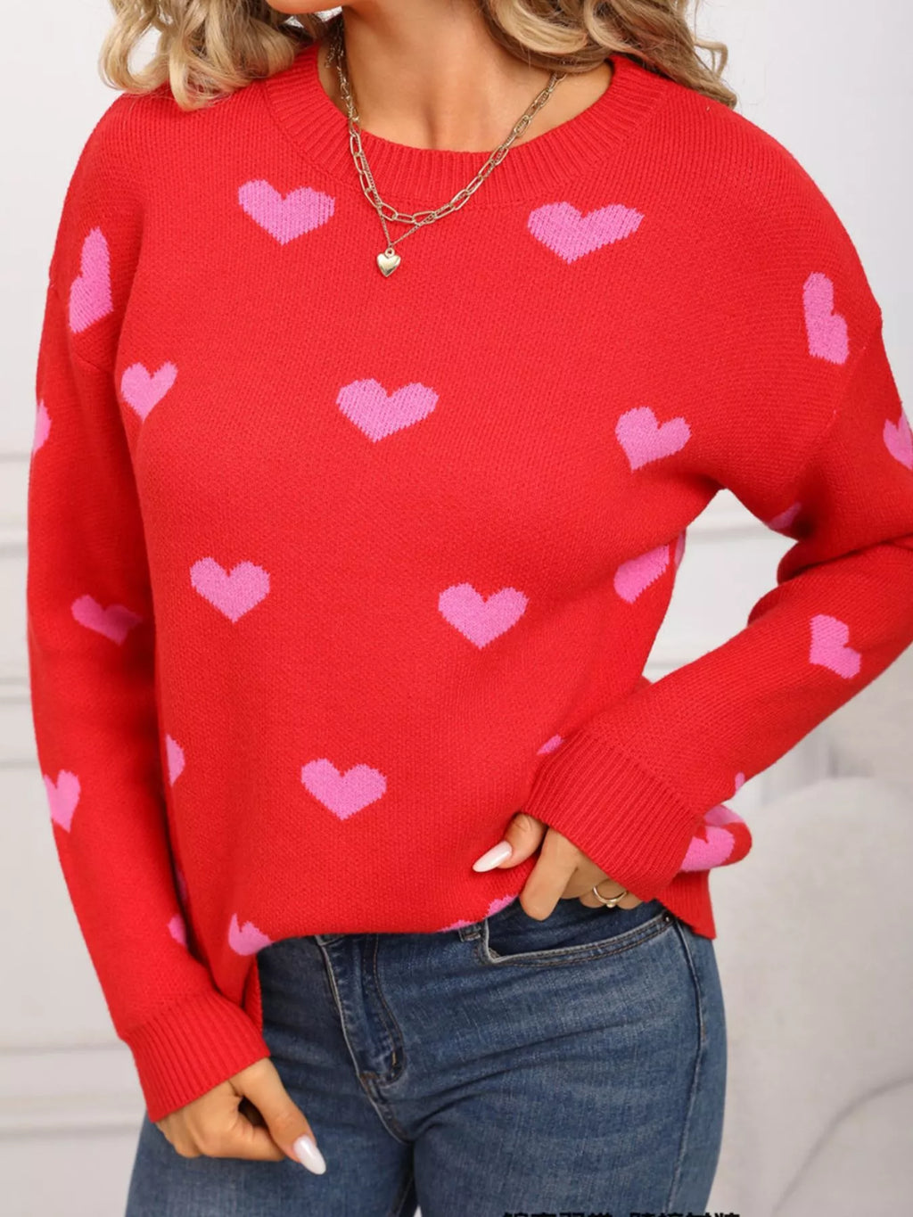 Valentine's Day Heart Pattern Dropped Shoulder Sweater