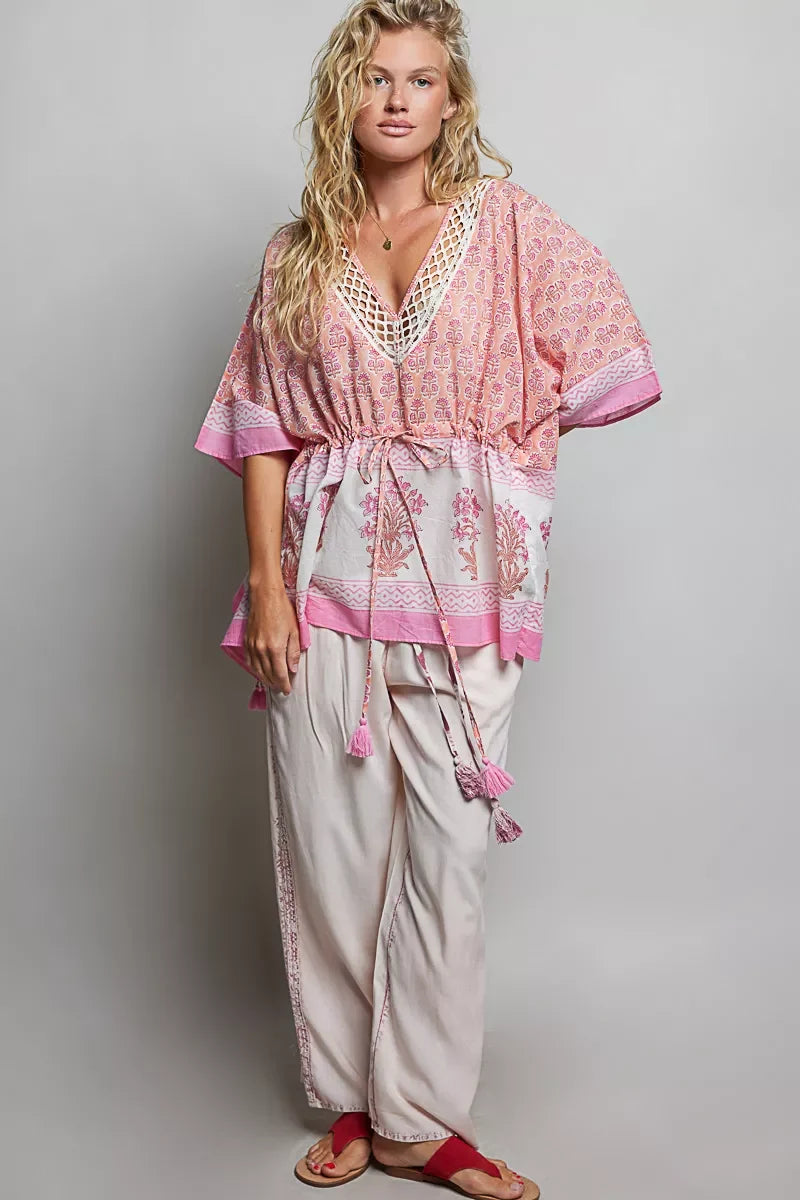 POL Block Print Floral Tie Front Boho Blouse