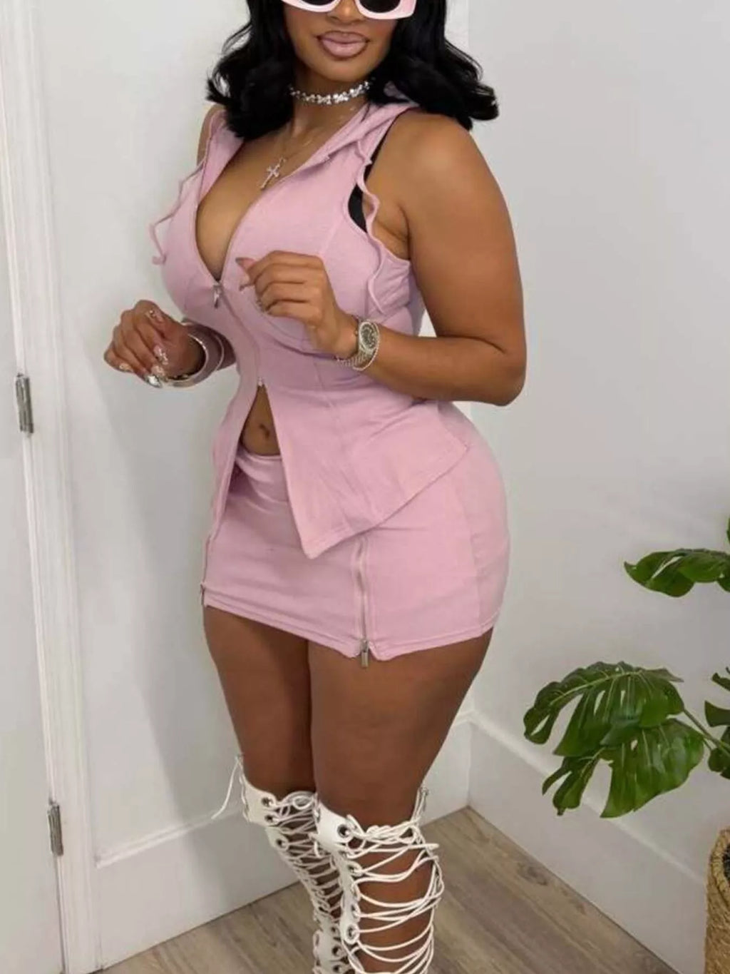 Hooded Zippered Sleeveless Top and Skirt Set