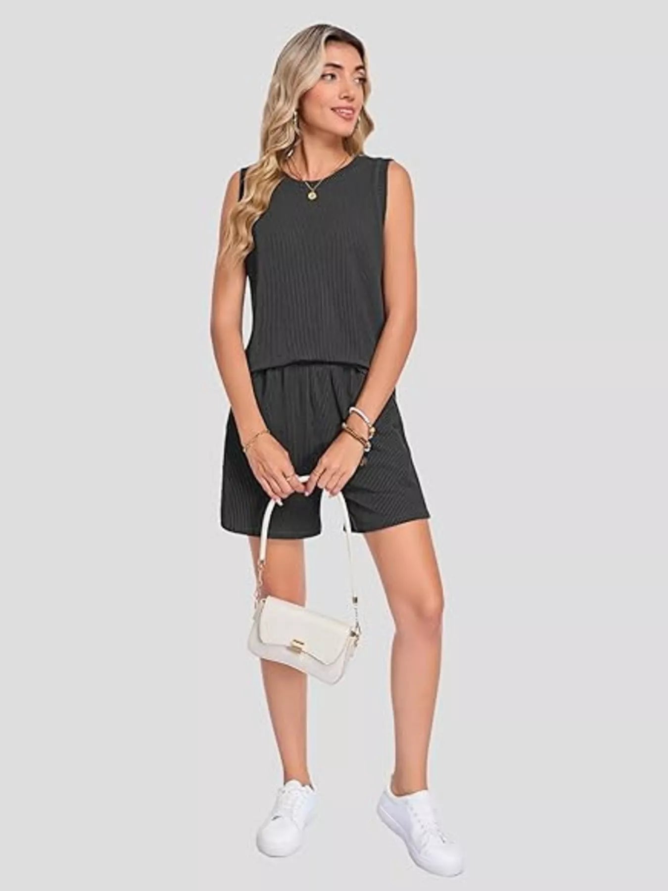 Casual Ribbed Knit Sleeveless Top and Shorts Set