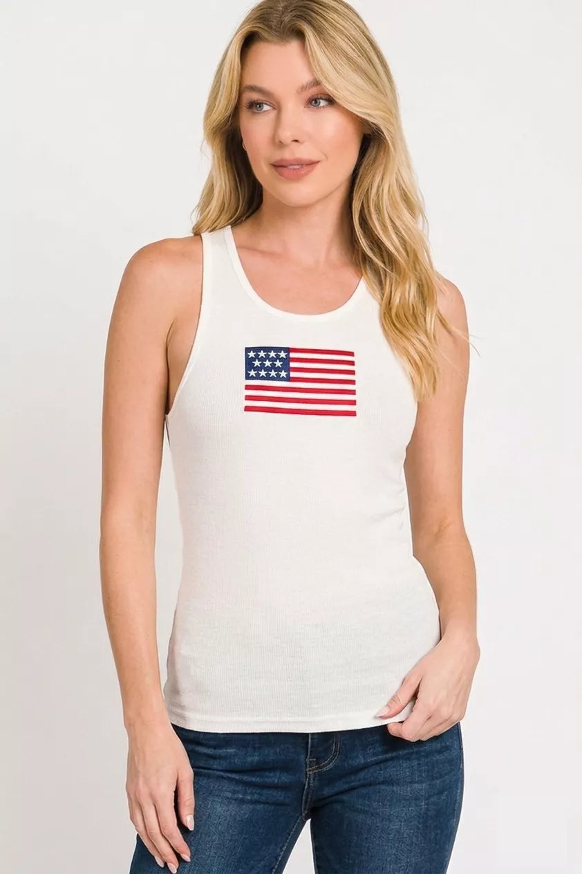 Zenana American Flag Embroidery Stretchy Ribbed Tank