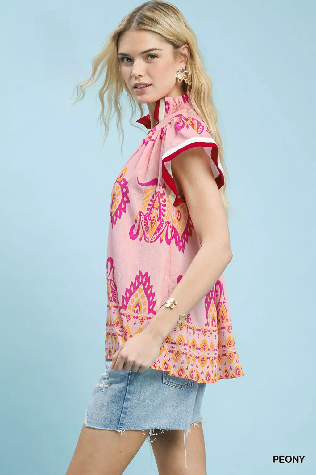 Umgee Border Print Split-Neck Boho Top