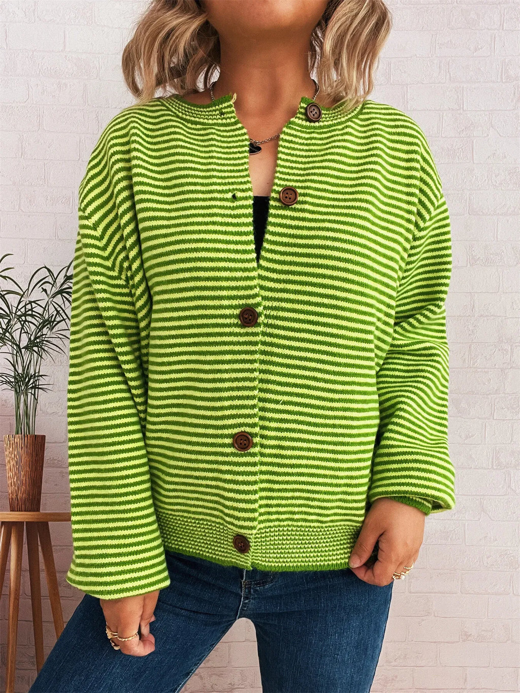 Striped Button Up Long Sleeve Cardigan