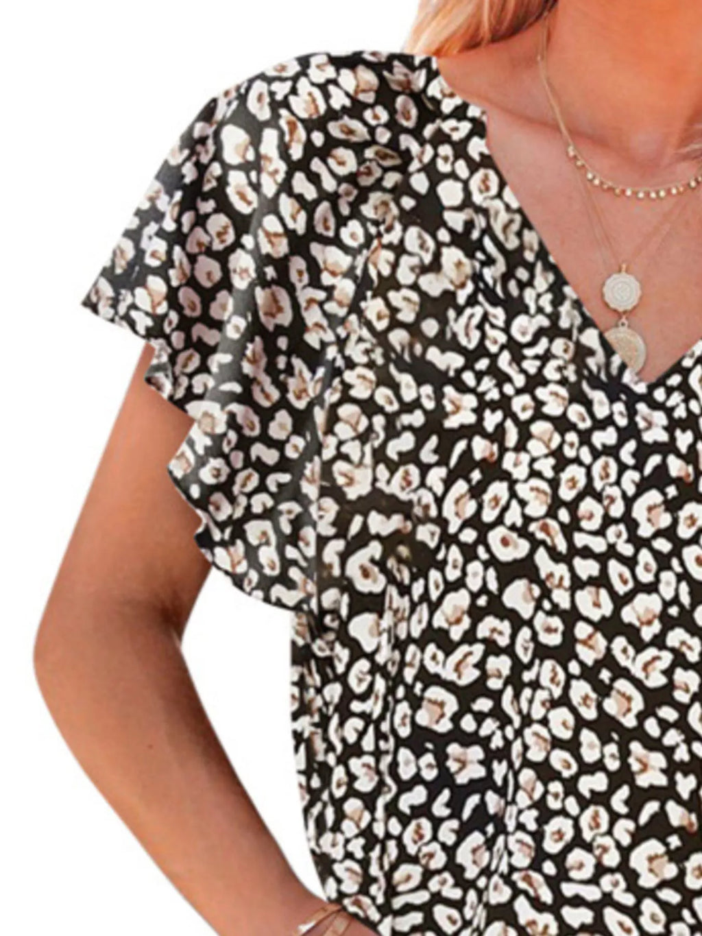 Full Size Floral Print Flutter Sleeve V-Neck Blouse Plus Size