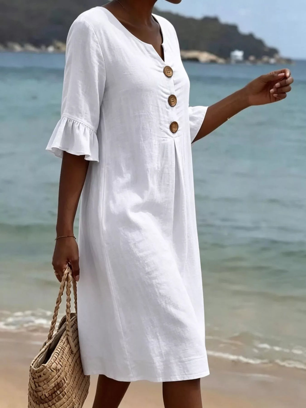 Full Size Button Decor Flounce Sleeve Dress Plus Size