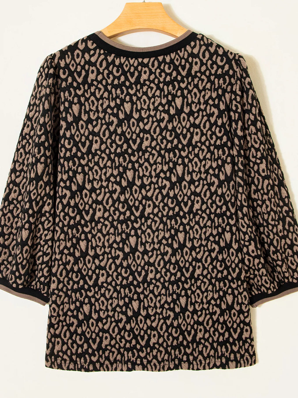 Leopard Print Puffy Bracelet Sleeve Contrast Trim Round Neck Top