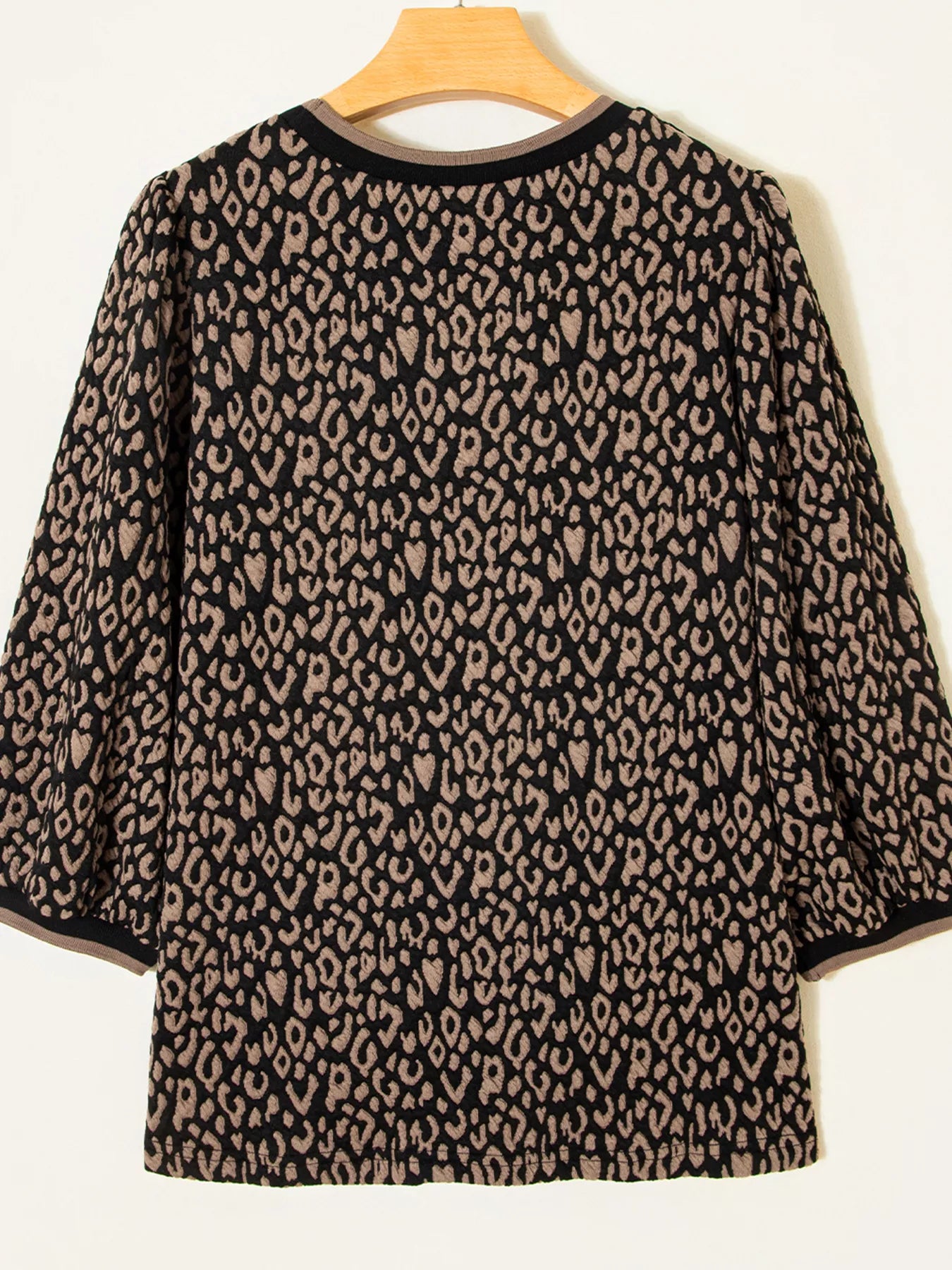 Leopard Print Puffy Bracelet Sleeve Contrast Trim Round Neck Top