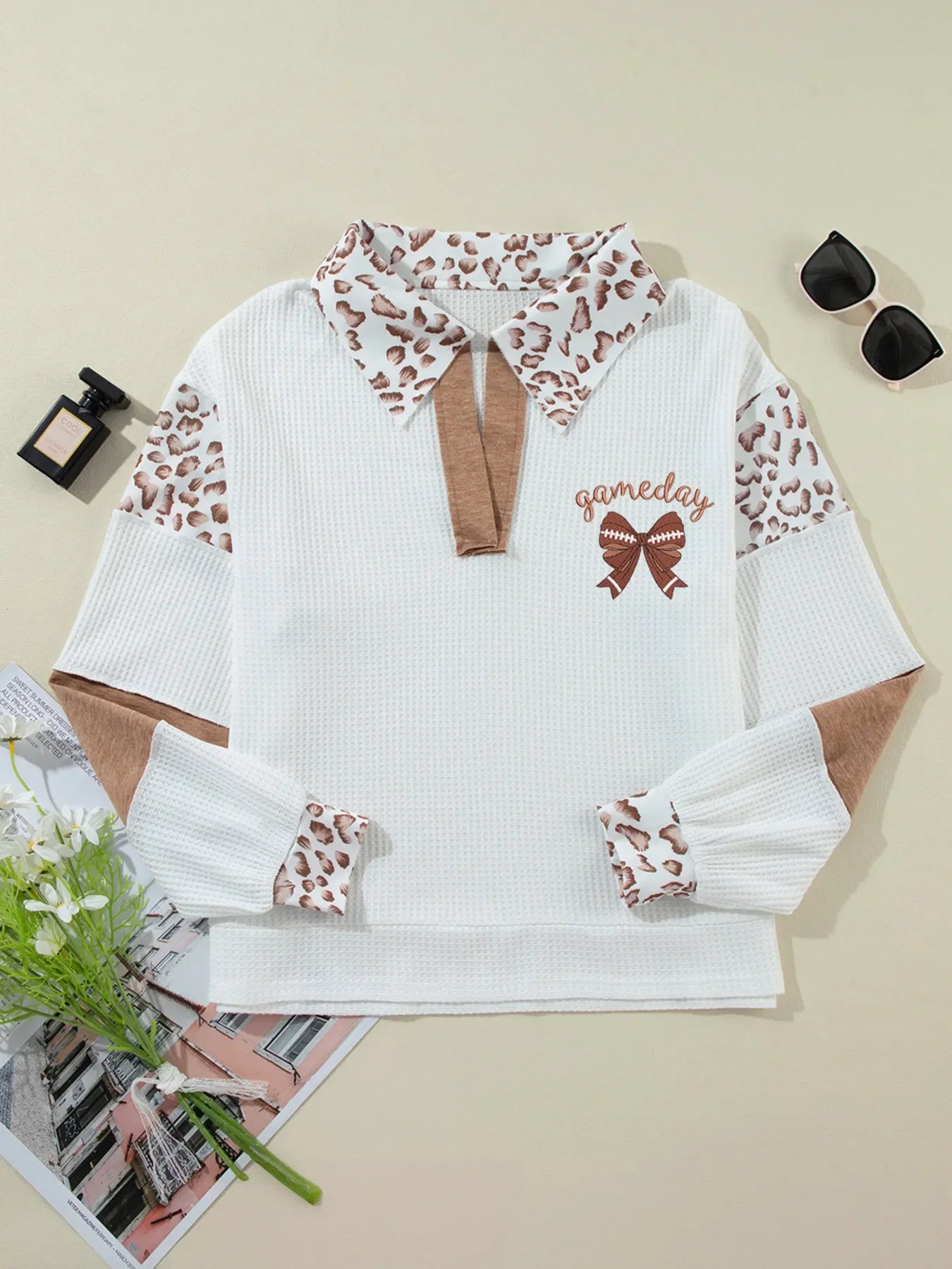 Game Day Bow Embroidered Leopard Color Block Patchwork Top