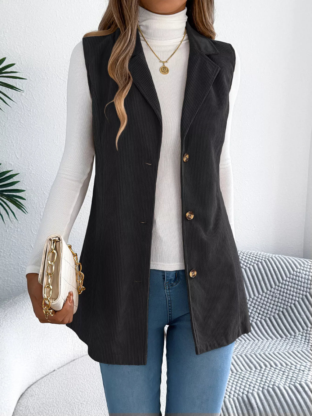 Button-Front Longline Vest Coat