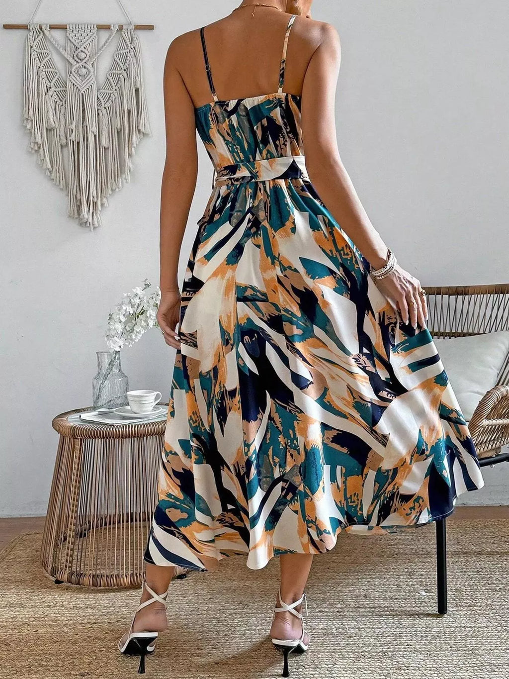Abstract Print Tie Waist Cami Dress