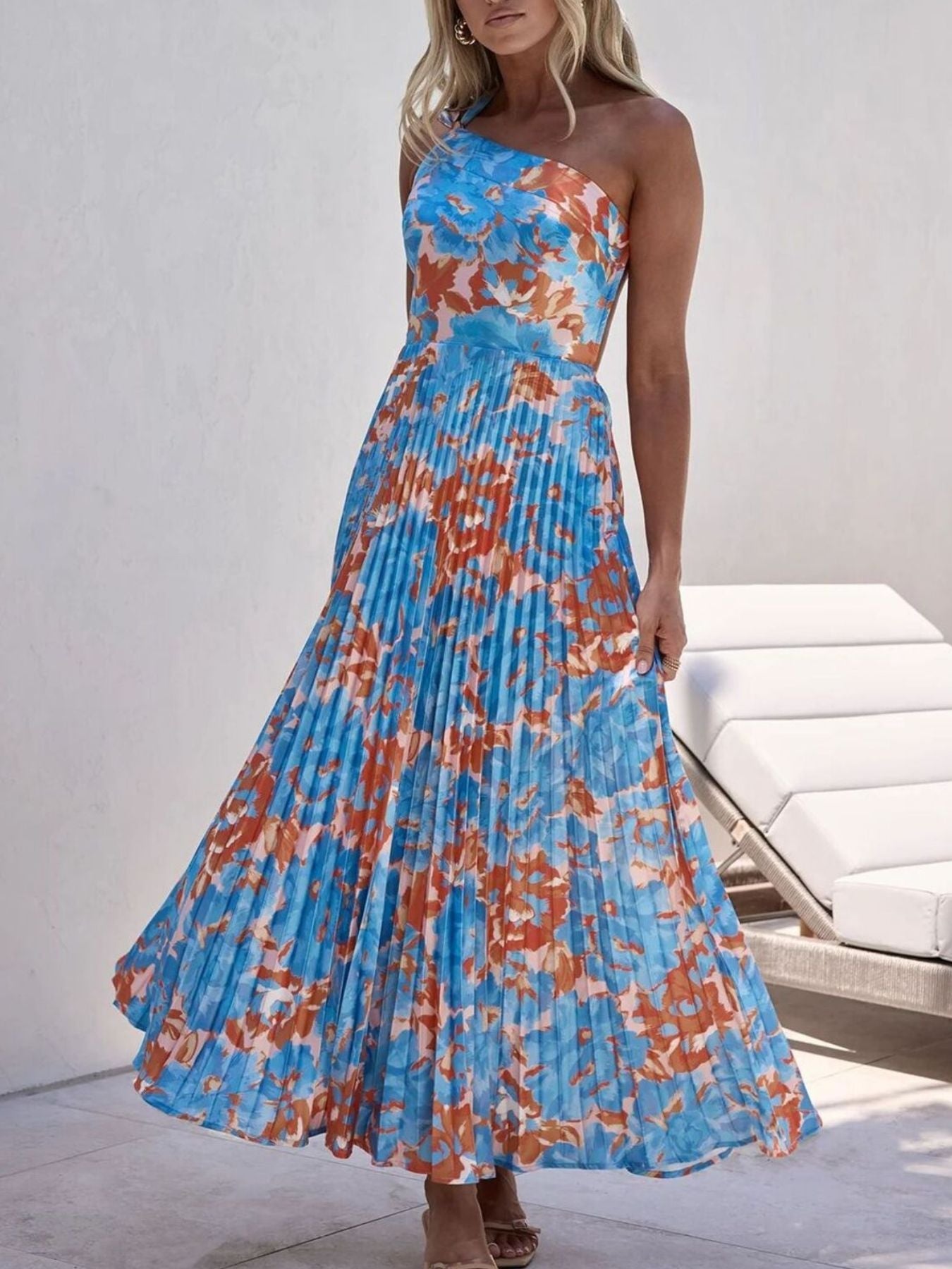 Floral Print One-Shoulder Pleated Dress