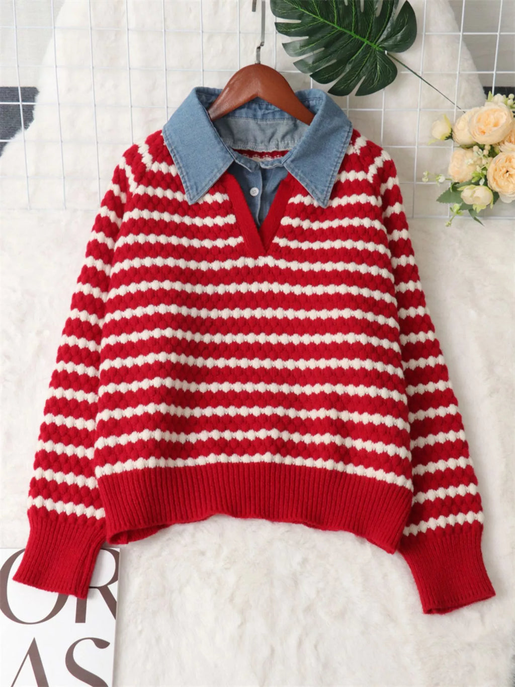Contrast Striped Sweater with Denim Collar