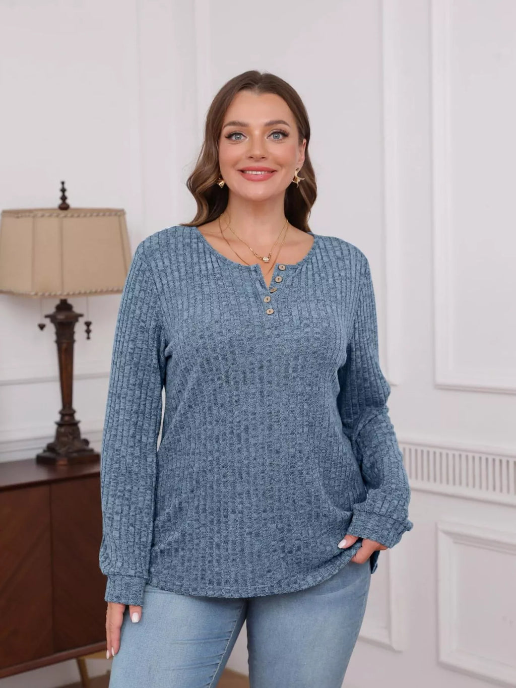 Ribbed Knit Button-Front Long Sleeve T-Shirt