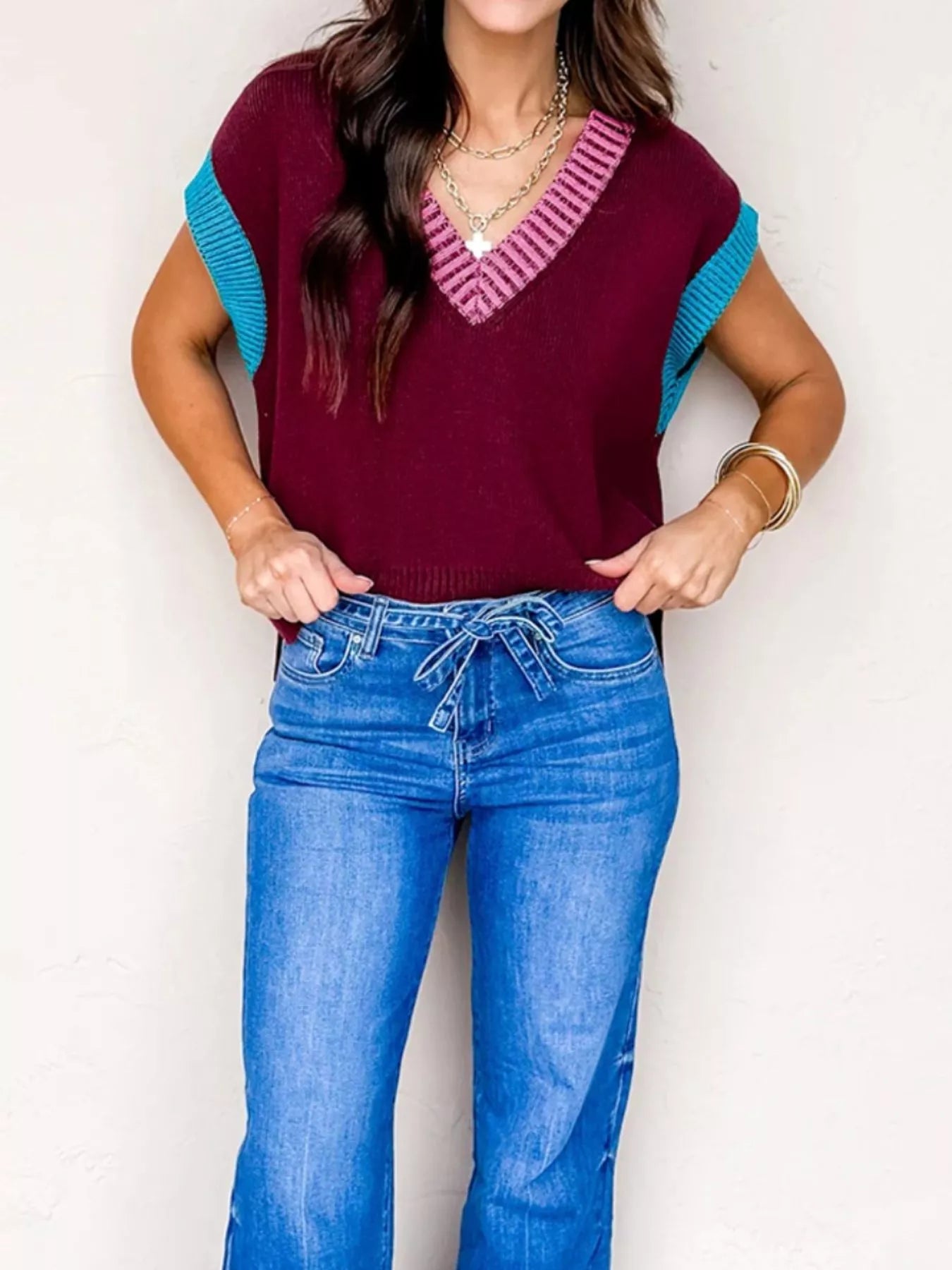 Contrast Trim V-Neck Sweater Vest