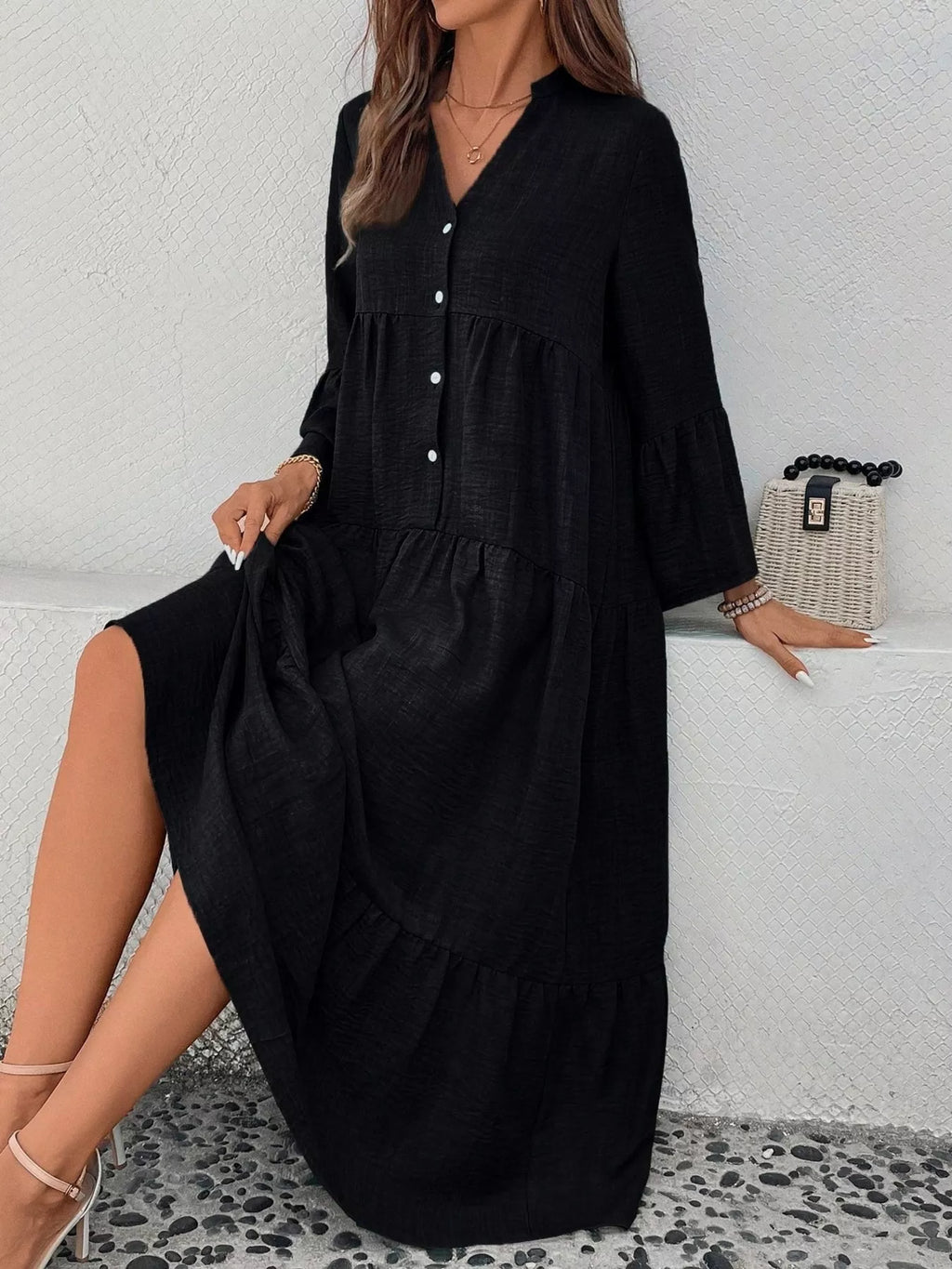 Ruffle Hem Button Front Tiered Dress