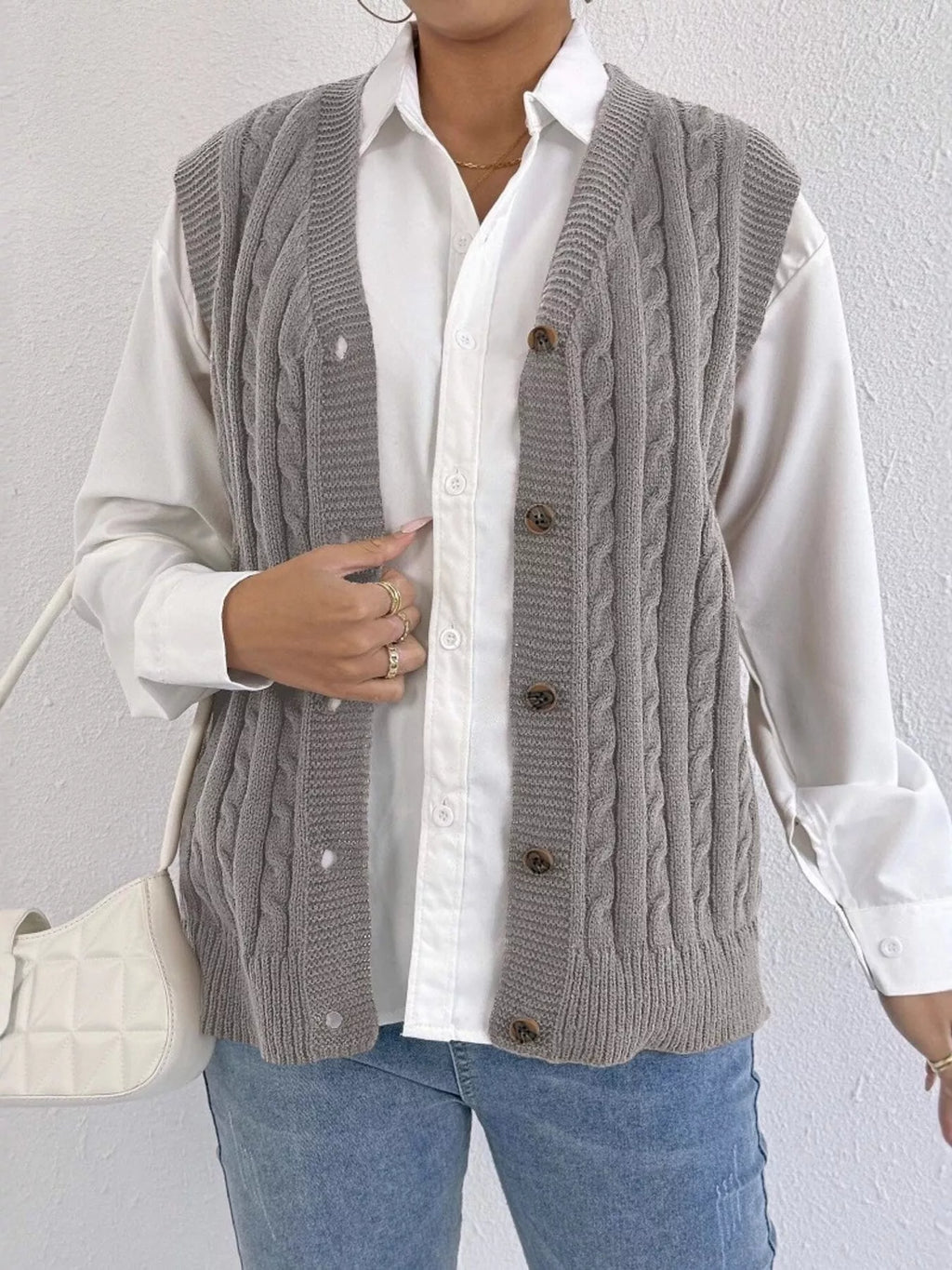 Cable-Knit Button-Up Sweater Vest