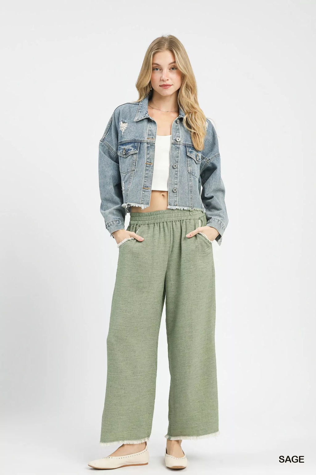 Umgee Frayed Hem Wide Leg Pants