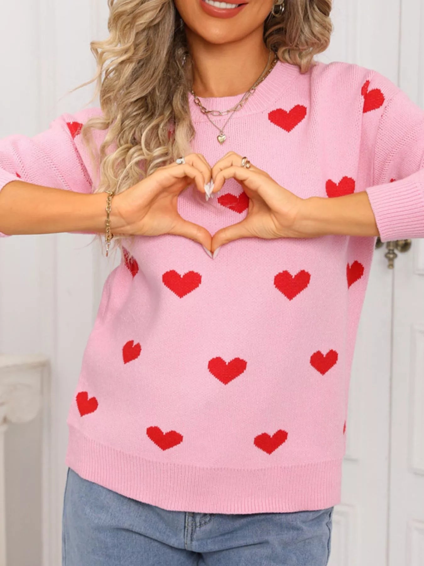 Valentine's Day Heart Pattern Dropped Shoulder Sweater