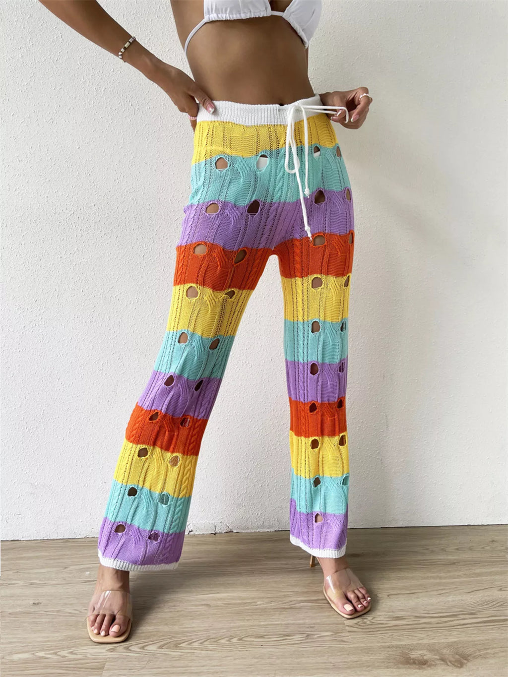Striped Crochet Hollow-Out Knit Pants